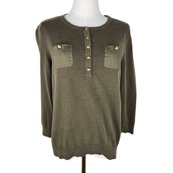Lauren Ralph Lauren Olive Green Henley Sweater Gold Buttons Sz Large - Picture 1 of 8